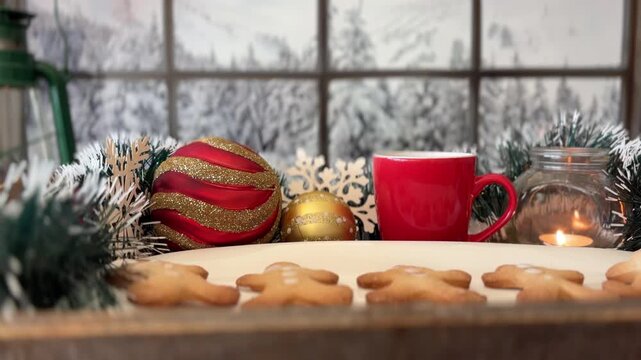 Caf&eacute; humeante con galletas de Navidad
