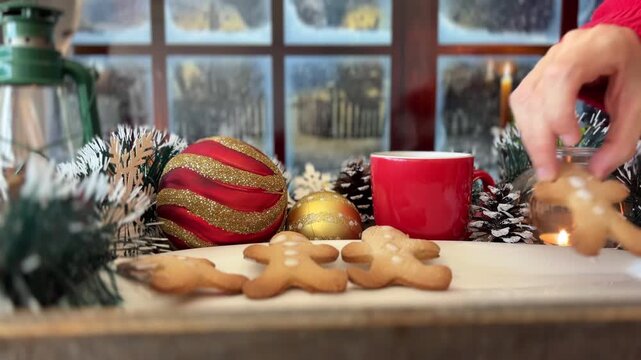 Mano colocando galletas de Navidad en plato mientras nieva afuera