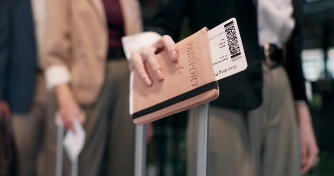 Hands, people and waiting with suitcase, passport or ticket for business travel, trip or migration. Employees, group or travelers with luggage in row or line for flight, commute or job opportunity