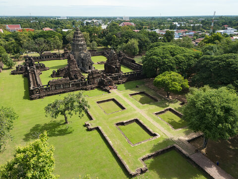 Drone shot the aerial view of Phimai Historical Park. the ancient stone temple Nakhon Ratchasima, Thailand