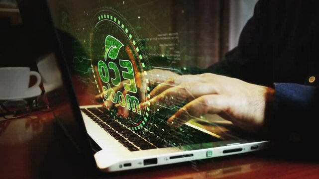 Eco mode and ecology friendly symbol and man typing computer keyboard. Hands on laptop. Network, cyber technology and background abstract concept.