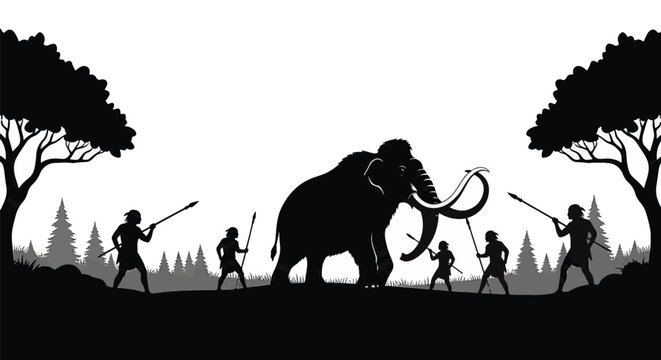 Black and white silhouette vector illustration of prehistoric cavemen hunters with spears surrounding a large woolly mammoth in a forest landscape with pine and deciduous trees.