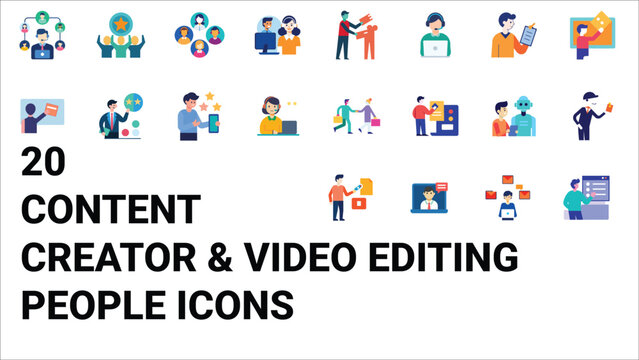 Content creator and video editing people icons &ndash; production, post-production, and digital media symbols.