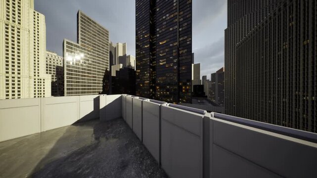 Empty rooftop ledge against Dallas skyline lights, glowing office windows and reflective facades create highcontrast nocturnal city atmosphere suitable