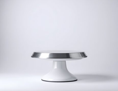 Cake stand with a metallic silver top and white pedestal on a white background