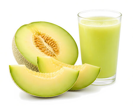 Fresh Melon Juice in Glass with Sliced Melon Isolated on White Background