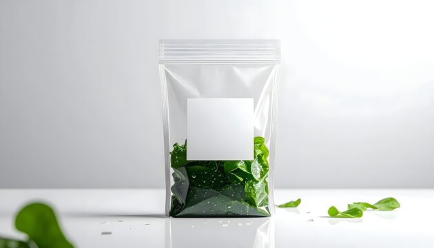 Transparent plastic zip pouch containing fresh green salad leaves with a blank white square label indoors in a clean studio setting.