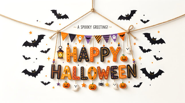Halloween party banner with flying bats and festive text. 