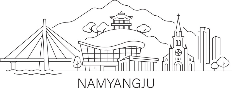 Line art depicts a Namyangju city skyline with bridge, church, and mountain
