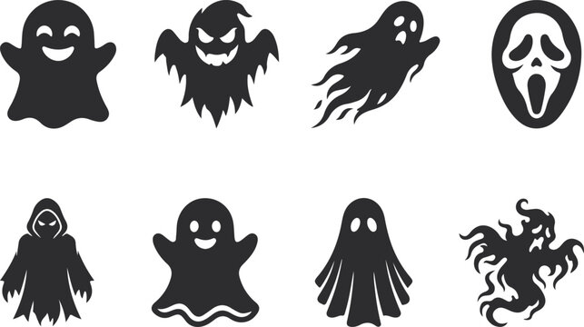 Halloween ghost and spooky characters silhouette vector set