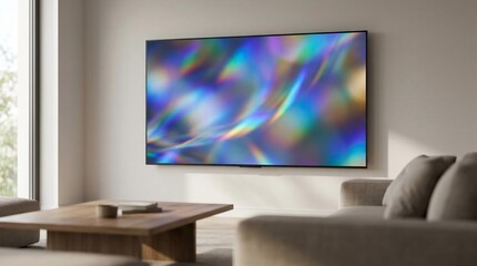 Fototapeta premium Modern minimalist living room interior with a large digital display showing colorful abstract holographic light art.