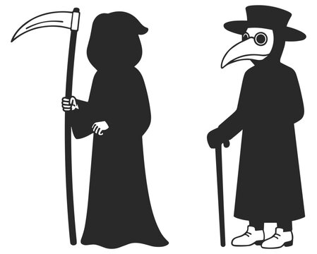 silhouette of grim reaper with scythe and plague doctor with cane vector illustration on transparent background