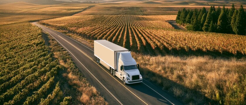 Truck drives along a road near vineyards during the late afternoon in a rural area
