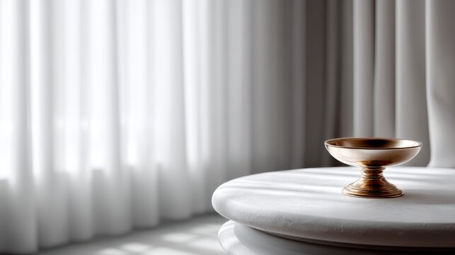 A golden chalice sits on a white pedestal, with a window and white curtains in the background.