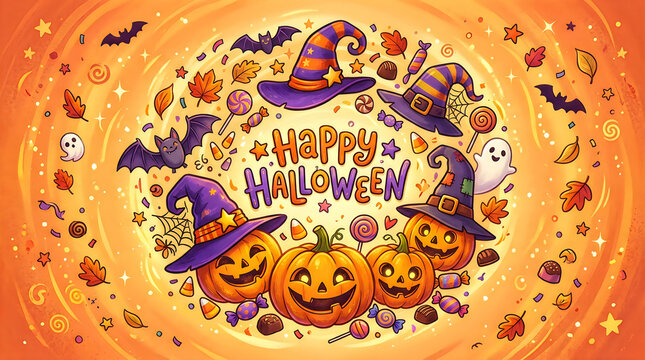 Halloween pumpkin cake with spooky decorations and festive message. 