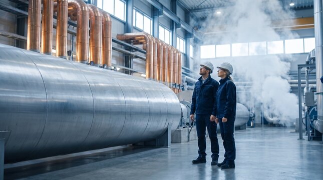 Engineers inspect a geothermal turbine hall for district heating operations