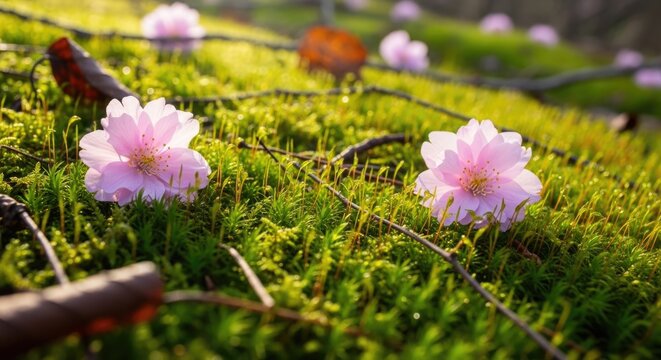 Pink flowers on green mossy ground