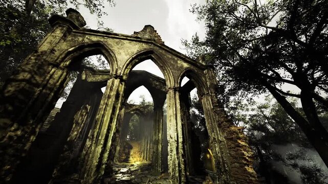 Old stone arches rise amid thick trees, enveloped in soft mist. Sunlight breaks through clouds, casting shadows on the remnants of a forgotten structure. Nature intertwines with history.