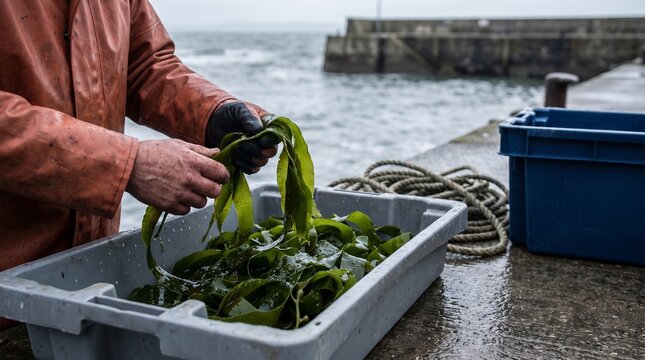 Fresh kelp sorting at a cold water coastal landing