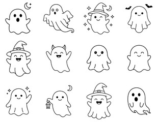 Fototapeta premium set of twelve black and white Halloween ghost illustrations with various facial expressions and accessories on transparent background