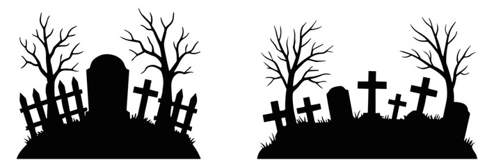 Fototapeta premium Halloween cemetery graveyard tombstone crosses dead trees fence cemetery art on transparent background