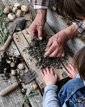 Generations Connect: Adult and Child Hands Prepare Soil for Garden Planting
