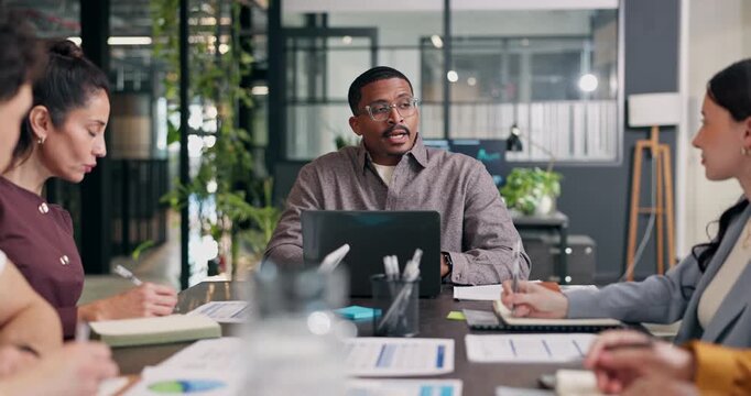 Business meeting, finance and man with team in discussion for trading numbers, laptop and data. Manager, group and brief for financial collaboration, stock market info or daily trader news in office