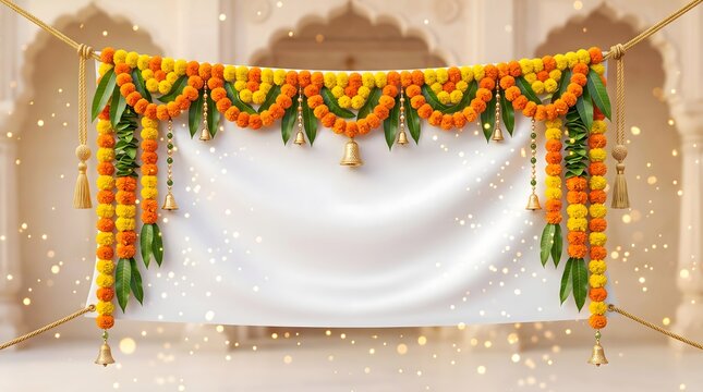Traditional Indian Festive Backdrop with Marigold Garlands and White Banner