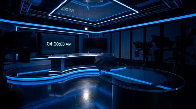 Modern television news studio interior with blue neon lighting and empty broadcast desk.