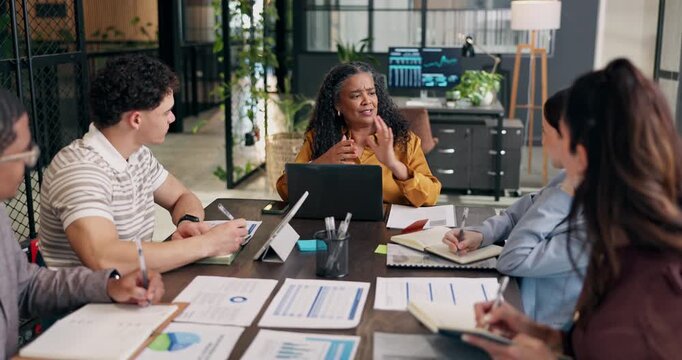 Meeting, finance and woman with team in boardroom, discussion and trading numbers with daily brief. Manager, group and feedback for financial collaboration, stock exchange data and planning in office