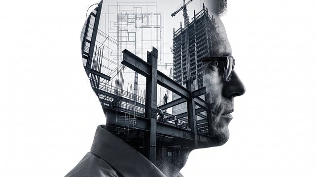 Double exposure silhouette of architect with construction site, professional engineer planning urban development, monochrome building project concept