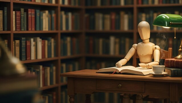 Wooden mannequin sitting at a desk reading a book in a cozy library with bookshelves and a green lamp