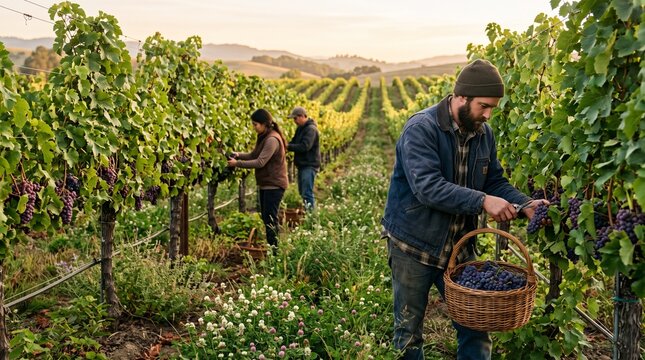 Vineyard workers harvest grapes among flowering cover crops
