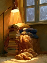 Obraz premium A reading nook shows a stack of books beside a warm blanket. A lamp provides a soft glow, creating a welcoming space by the window.