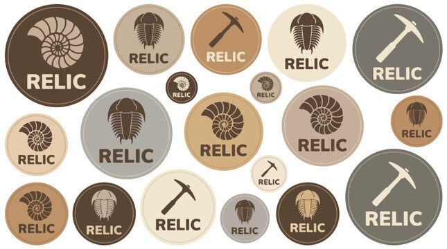 Vintage relic badges with ammonite fossils and trilobites, paleontology logo set in earth tones, archaeological discovery vector icons