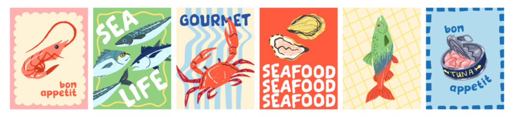 Naklejka na ściany i meble Set of funny cards with seafood. Designs of postcards with sea fish and marine food. Posters with tuna, shrimp, oysters, crab and trout. Template with undersea animals. Flat vector illustrations