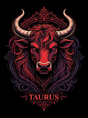 Fototapeta premium A powerful and mystical digital illustration representing the Taurus zodiac sign. The artwork features a majestic black bull with sharp, curving horns and intense, glowing details, framed by deep red 