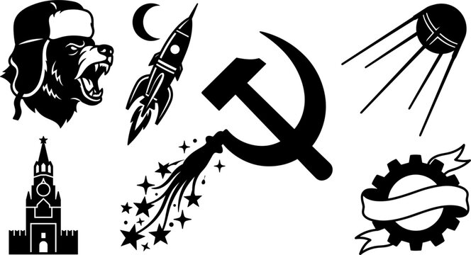 Soviet Union Theme Vector Illustration Set with Russian Bear in Ushanka Hat, Hammer and Sickle, Sputnik Satellite, Rocket Space Race, and Kremlin Tower Silhouette Designs