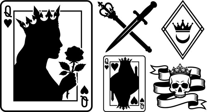 Queen of Hearts Playing Card Vector Illustration Set with Royal Crown Profile Silhouette, Rose Flower, Scepter, Crossed Swords, Skull Banner, and Diamond Emblem Tattoo Designs
