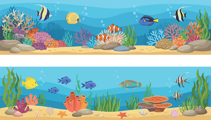 Fototapeta premium Underwater Coral Reef Landscape Banner Set Featuring Tropical Fish, Marine Life, Seaweed, Sea Shells, and Ocean Floor Vector Illustration