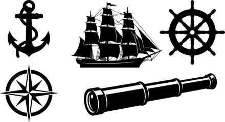 Nautical Vintage Vector Illustration Set Featuring Sailing Ship, Anchor with Rope, Ship Wheel Helm, Wind Rose Compass, and Spyglass Telescope Graphic Tattoo Designs © Mstsumi