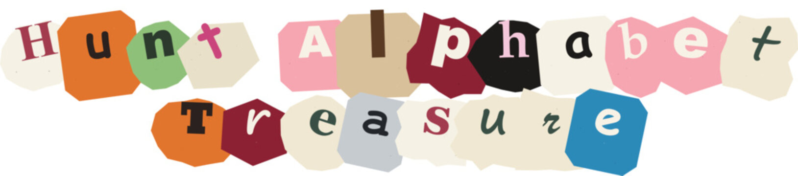Hunt alphabet treasure text typography paper cutout ransom note style banner