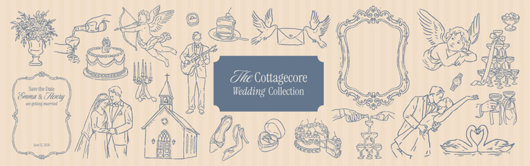 Fototapeta na wymiar Elegant cottagecore wedding crayon line art collection. Vintage blue elements with bride, groom, church, cake, champagne, baroque monogram frames. Whimsy chalk drawn elements for invitations.