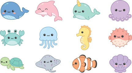Cute Kawaii Marine Life Character Vector Set with Baby Whale Dolphin Narwhal Octopus Crab Jellyfish Seahorse Pufferfish Turtle Stingray Clownfish and Seashell © MD