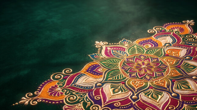 Indian diwali rangoli background with traditional colorful mandala pattern on green velvet