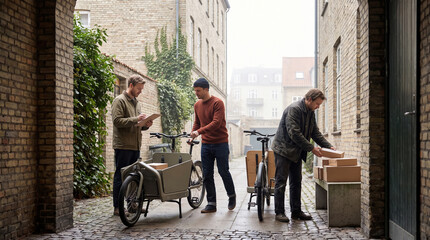 Obraz premium Workers prepare cargo bikes at a neighborhood delivery depot