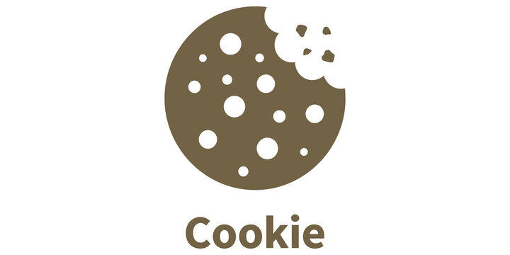 Chocolate chip cookie icon with bite mark and text.