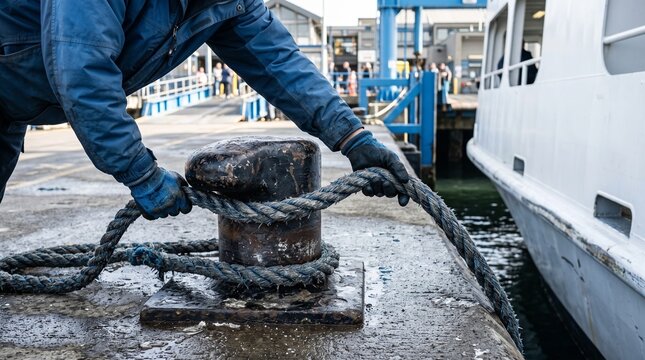 Marine crew checks mooring line during electric ferry turnaround
