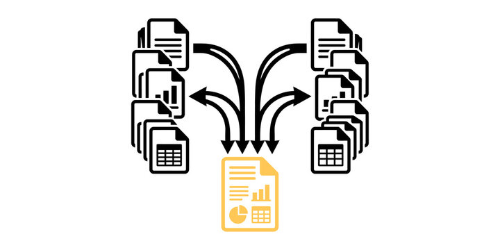 Data consolidation diagram with multiple documents merging into report.
