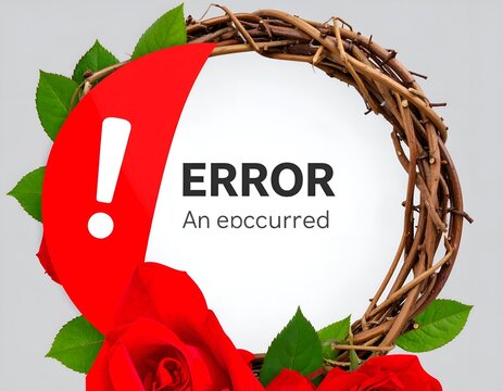 Error Message Sign with Wreath of Red Roses and Green Leaves Background